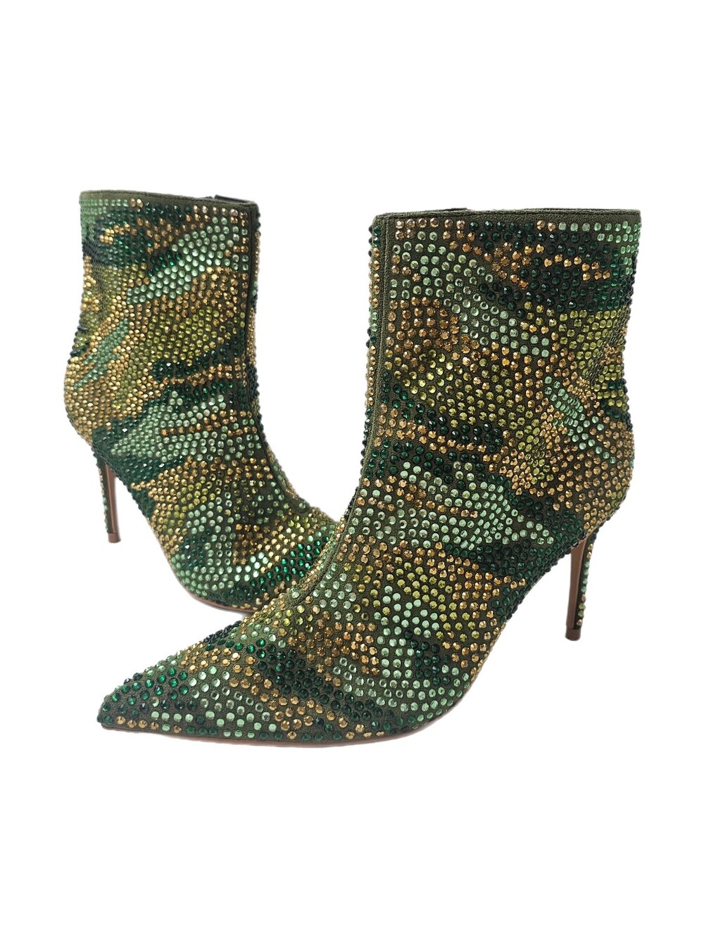 Kurt Geiger Belgravia Crystal Camo Stiletto Booties Green Gold EU 36.5 NWOB 6.5M